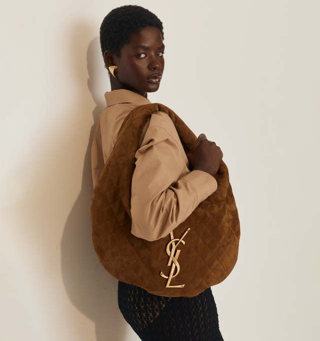 Image 2 of 6 - BROWN - SAINT LAURENT ICARE Hobo Bag in quilted suede featuring diamond-quilted topstitching, leather lining, bronze-tone hardware and zip closure. 11.818.5" x 12" x 0.84.7". Handle drop: 6.3". Calfskin. Made in Italy. 