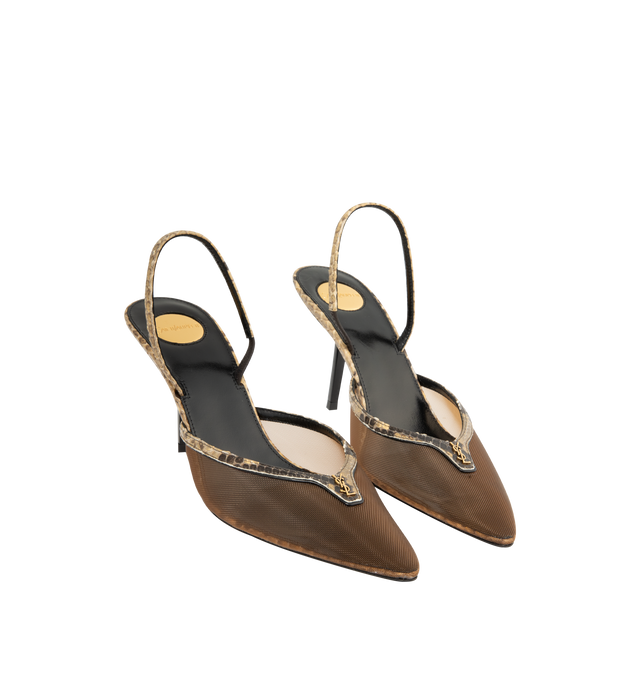 Image 2 of 4 - BROWN - Saint Laurent Women's Slingback Pumps are crafted from semi-sheer mesh with python trim and feature a pointed-toe silhouette accented by the iconic Cassandre hardware. Designed with an elasticized slingback strap, low stiletto heel, leather sole, and a Saint Laurent-engraved metal plaque on the insole for an elegant and refined finish. Main Material: 70% Polyamide, 30% Python. Lining: Calf Leather. Sole: Calf Leather. Heel Height: 7.5 cm / 75mm . Made in Italy. 