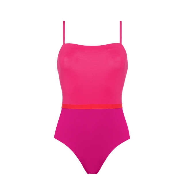 Image 1 of 6 - PINK - ERES Ara Tank One-Piece Swimsuit featuring thin straps, contrasting reinforced band around the waist, wraparound neckline seam and straight back straps. 84% Polyamid, 16% Spandex. Made in Italy. 