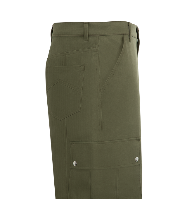 Image 4 of 4 - GREEN - RHUDE Desert Cargo Pants featuring relaxed fit, custom Rhude pill hardware, twin patch cargo pockets, pockets at front thighs and twin back custom pockets. 100% cotton twill. 