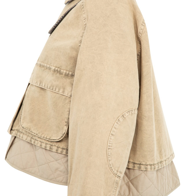 Image 3 of 4 - NEUTRAL - Loewe Jacket in lightweight treated cotton utility featuring diamond quilted lining at the hem. Regular fit, short length with lassic collar with check wool lining and chin strap, raglan sleeves, concealed snap button and zip front fastening, snap button flap pockets, inside welt pocket and LOEWE Anagram embossed leather patch placed at the back. Made in Italy. 
