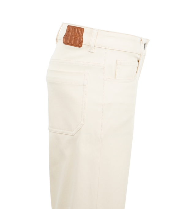 Image 3 of 3 - WHITE - MONCLER Straight Leg Pant featuring organic cotton stretch gabardine, zipper and button closure, side and back pockets and synthetic material logo patch. 98% cotton, 2% elastane/spandex. Made in Romania. 