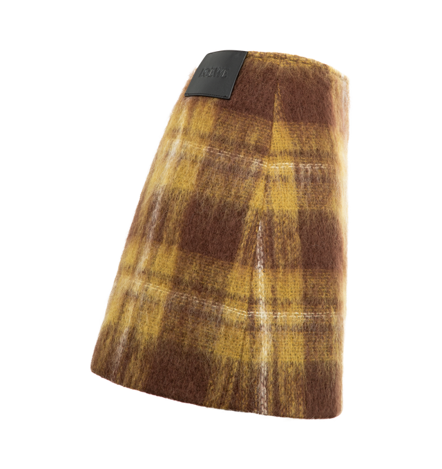 Image 3 of 4 - YELLOW - LOEWE Wrap Skirt in medium-weight mohair and wool blend featuring an allover check pattern, a wrap construction with a leather belt detail, fringes at the front, regular fit, short length, mid waist, concealed button fastening and fully lined. Mohair, wool, polyamide. Made in Italy. 