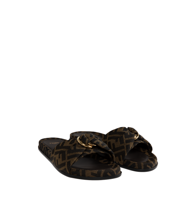 Image 2 of 4 - BROWN - FENDI Feel Slide featuring flat sides with knotted band, jacquard fabric with the iconic brown FF motif in brown and tobacco and gold-finish metalware. 10MM. 65% polyamide, 35% cotton, 100% resins. Inside: 100% lamb leather. Made in Italy. 