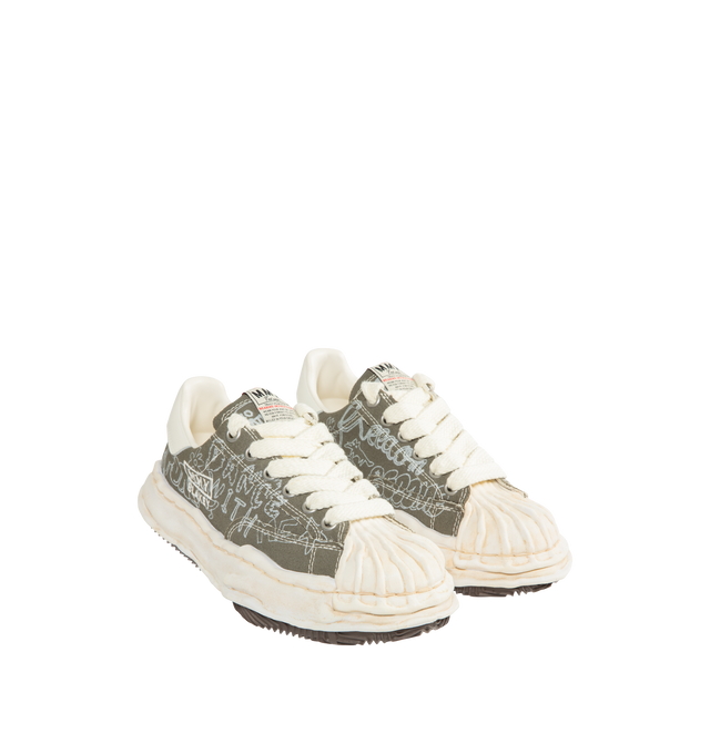 Image 2 of 5 - GREEN - Maison Mihara Yasuhiro Men's Blakey Sneakers feature the brand's signature hand-sculpted OG sole, a premium suede upper, and a classic low-top silhouette for a timeless contemporary look. Designed for the Fall/Winter 2026 collection, these designer sneakers combine Maison Mihara Yasuhiro's experimental aesthetic with embroidered "MMY" and model name detailing, while the sculptural sole and intentional vintage-inspired finishing create a distinctive statement silhouette. Main Materia 