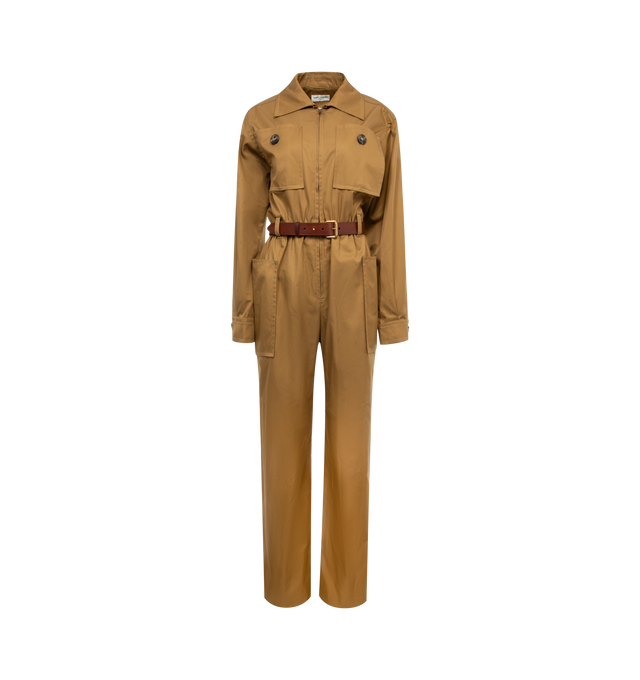 Image 1 of 2 - BROWN - SAINT LAURENT Cotton Twill Jumpsuit featuring long sleeve zip top, padded shoulders, patch pockets, wide leg pants, pointed collar and removable pin buckle belt. 100% cotton. 