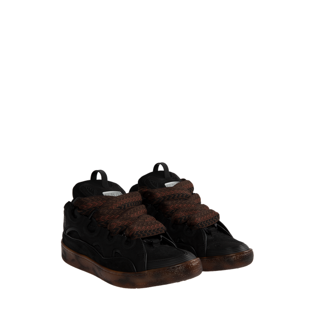 Image 3 of 5 - BROWN - LANVIN Curb Sneakers featuring tortoise effect sole, round toe, front lace-up fastening, oversize tongue, logo patch at the tongue and flat rubber sole. Sole: 100% rubber. 