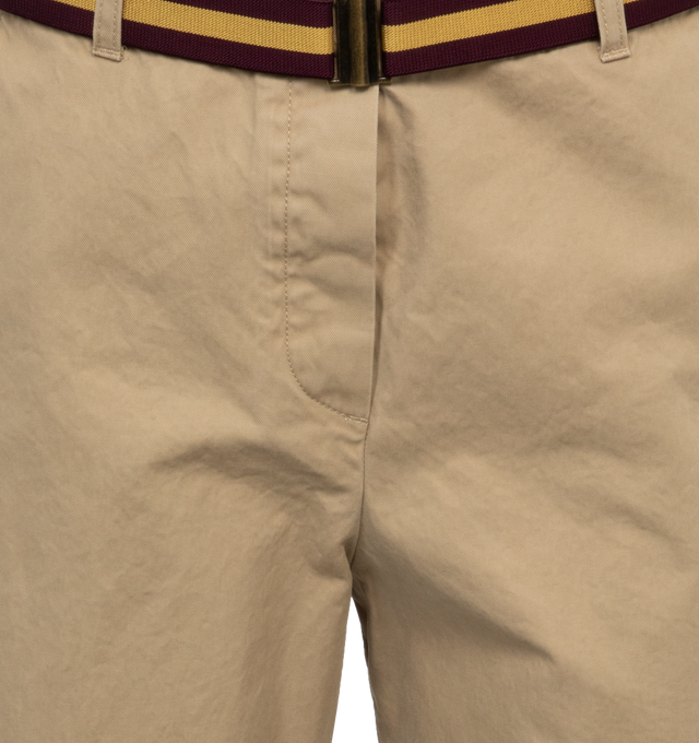 Image 4 of 4 - BROWN - DRIES VAN NOTEN Belted Long Shorts featuring a striped belt at the waist, mid-rise, sits high on hip, button and zip fly, belt loops, side slip pockets, back welt pockets, straight legs and cropped fit. 100% cotton. Made in Romania. 