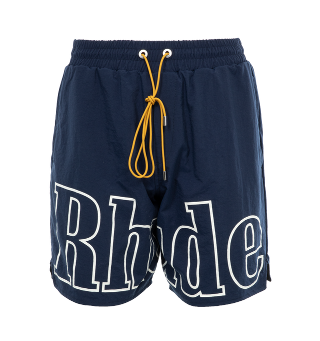 NAVY - RHUDE Logo Track Shorts featuring pull-on styling, elastic waistband with drawstring, printed front panel, two side pockets and one back patch pocket. 100% nylon. Made in USA.