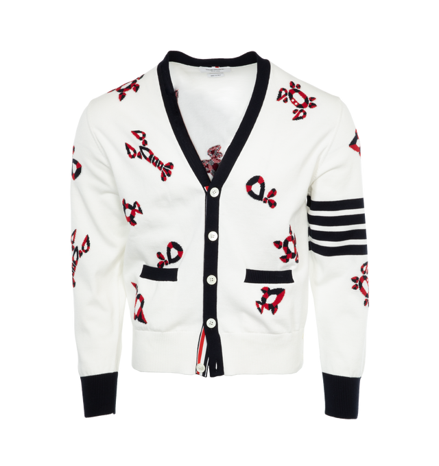 Image 1 of 3 - WHITE - THOM BROWNE Gem Icons Cardigan featuring patterned intarsia knit, v-neck, front button fastening, two front patch pockets, long sleeves, signature 4-Bar stripe and ribbed cuffs and hem. 100% cotton.