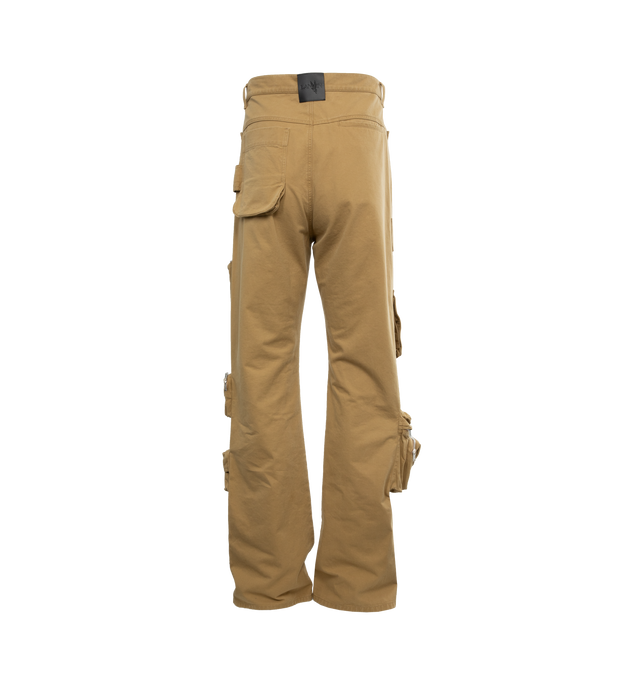 Image 2 of 4 - BROWN - LANVIN LAB X FUTURE Utility Pocket Pants featuring relaxed fit, faded effect, belt loops, multiple patch pockets with metal buttons and zippers and removable pocket with metal snap hook at the waist. 100% cotton woven. Made in Italy. 