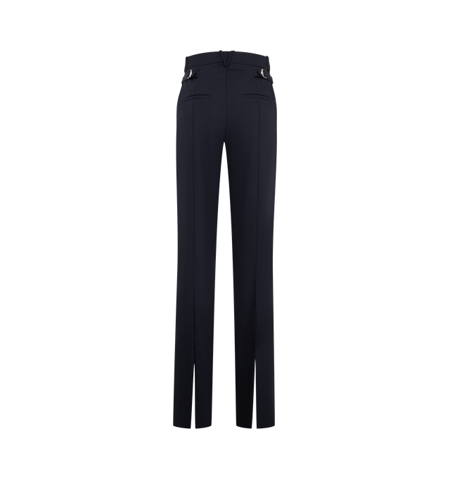 Image 2 of 3 - NAVY - Bottega Veneta Women's Trousers are crafted from Shetland wool and feature a tailored straight-leg silhouette. Designed with a mid-rise waist, belt loops, adjustable hip straps, and a zip, hook-and-eye closure, they are finished with slanted side pockets, rear welt pockets, and a center back vent. Main Material: 100% Wool. Lining: 100% Cotton. Color: Midnight Blue. Made in Italy. 
