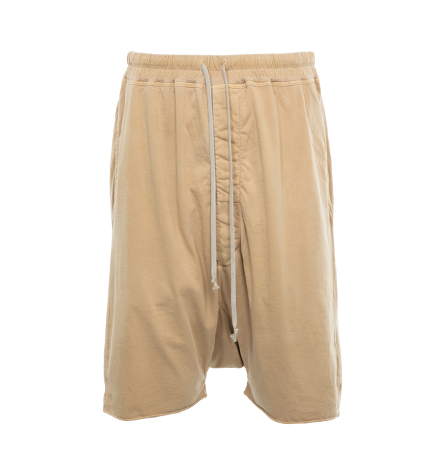 YELLOW - DRKSHDW Drawstring Shorts featuring mid-rise, elasticated drawstring waistband, concealed front button fastening, drop crotch, two side slit pockets, two rear flap pockets, straight leg, raw-cut hem and below-knee length. 100% cotton.