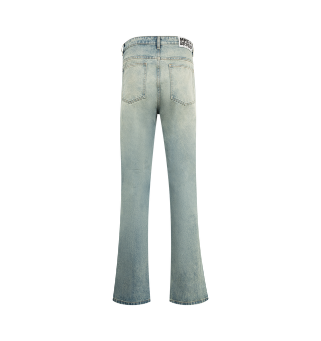 Image 2 of 3 - BLUE - WHO DECIDES WAR Scratched Denim Pant featuring faded denim, five-pocket style, embroidery throughout, straight legs and full length. Cotton. 