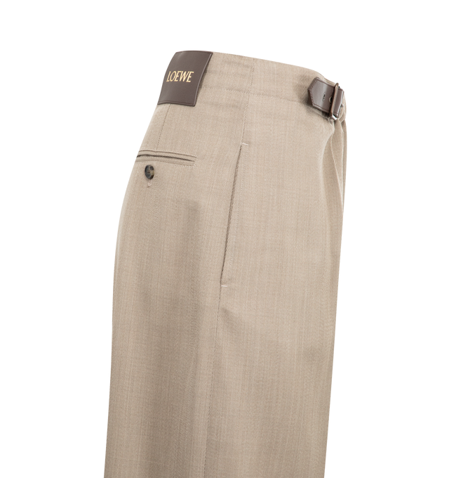 Image 3 of 3 - BROWN - LOEWE Belted trousers in lightweight fluid wool tailoring featuring a gathered front with a leather belt detail, regular fit, regular length, mid waist, straight leg, side zip fastening, seam pockets, buttoned rear jet pocket, pressed creases at the front and LOEWE embossed leather patch placed at the back. Wool. Made in Italy. 