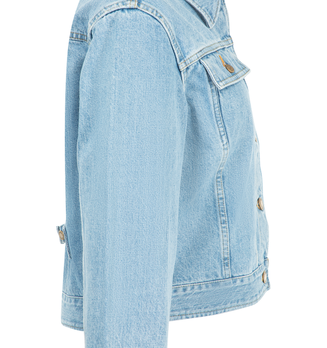 Image 3 of 3 - BLUE - Thom Browne Womens Shrunken Denim Jacket is crafted from 13.75 oz Japanese selvedge denim. Features a shrunken fit, button-front closure, buttoned flap chest pockets, striped oxford-lined back yoke, button-fastening backstrap, buttoned cuffs with internal RWB grosgrain trim, and signature striped grosgrain loop tab. Main Material: 100% Cotton. Made in Japan. 