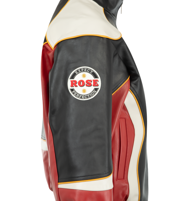 Image 3 of 3 - BLACK - MARTINE ROSE Superbowl Leather Jacket featuring all-over graphics, zip front closure, high neck, elastic hem and button cuffs. 100% calf leather. Made in Italy. 