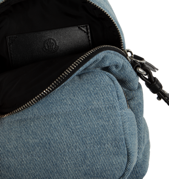 Image 3 of 3 - BLUE - MONCLER Small Kilia Cross Body Bag featuring water-repellent nylon lining, leather details, padded, leather handle, detachable shoulder strap, zipper closure, zipped pocket and leather and metal logo. L 18 cm x H 15 cm D 11 cm. 100% cotton. Lining: 100% polyamide/nylon. Padding: 100% polyester. 