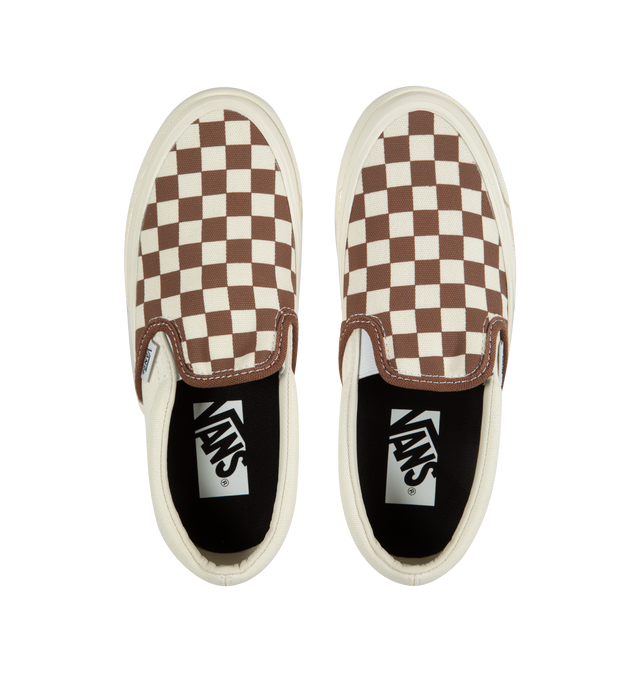 Image 5 of 5 - BROWN - VANS 98 LX Sneakers featuring low-top, slip-on, check pattern printed throughout, elasticized gussets at vamp, padded collar, logo flag at outer side, rubber logo patch at heel, partial leather and canvas lining, textured rubber midsole and treaded rubber sole. Upper: textile. Sole: rubber. Made in Philippines. 