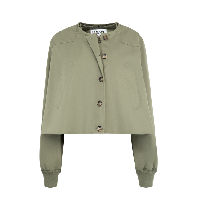 Image 2 of 4 - GREEN - LOEWE Short Parka featuring cropped fit, removable fur lined hood, button front closure, ribbed cuffs and loose fit.  
