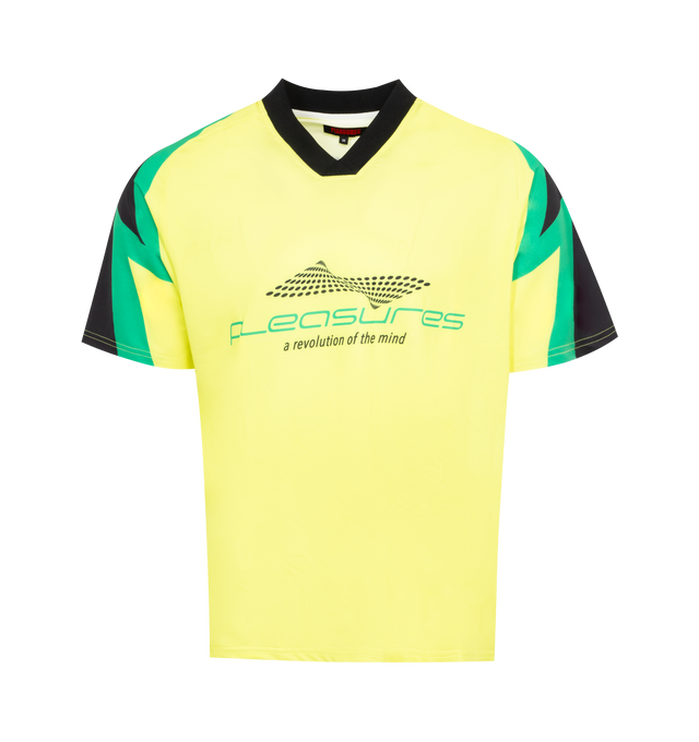 GREEN - PLEASURES Mind Soccer Jersey featuring regular-fit, V-neck, graphic print and logo text at chest, graphic print at back and stripes at sleeves. 90% polyester, 10% spandex.