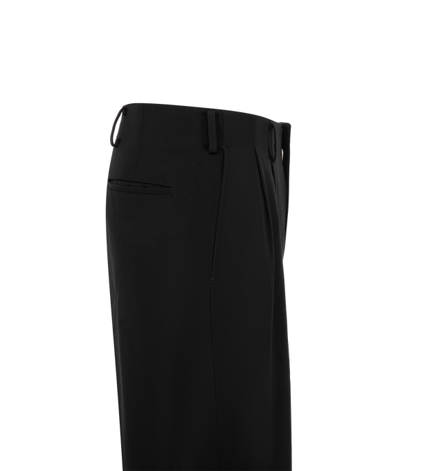 Image 3 of 3 - BLACK - A.Presse Men's Wool Wide Tapered Trousers feature a beltless two-pleat design with a wide leg and tapered silhouette for a refined, tailored look. These designer trousers combine premium wool construction with timeless styling, offering exceptional comfort and versatile wear. Main Material: 100% Wool. Made in Japan. 