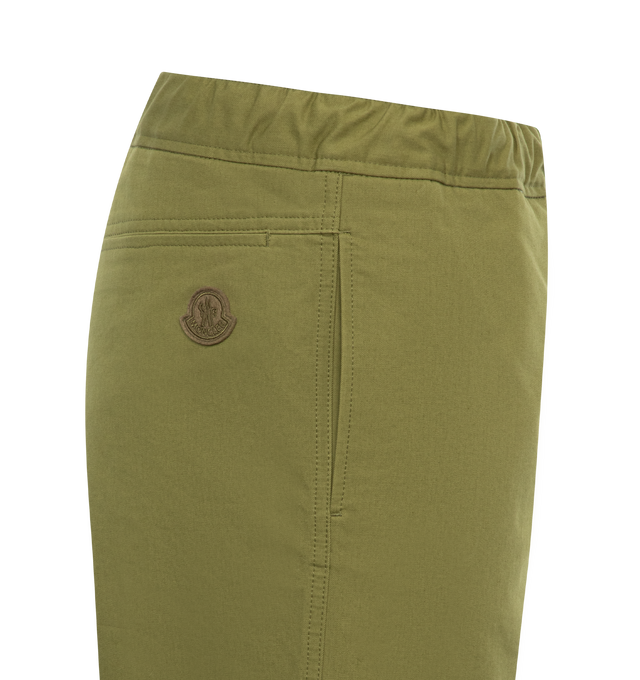 Image 3 of 3 - GREEN - MONCLER Cotton Satin Pants featuring elastic waistband with drawstring fastening, zipper closure, side pockets, back welt pocket and felt logo patch. 100% cotton. 