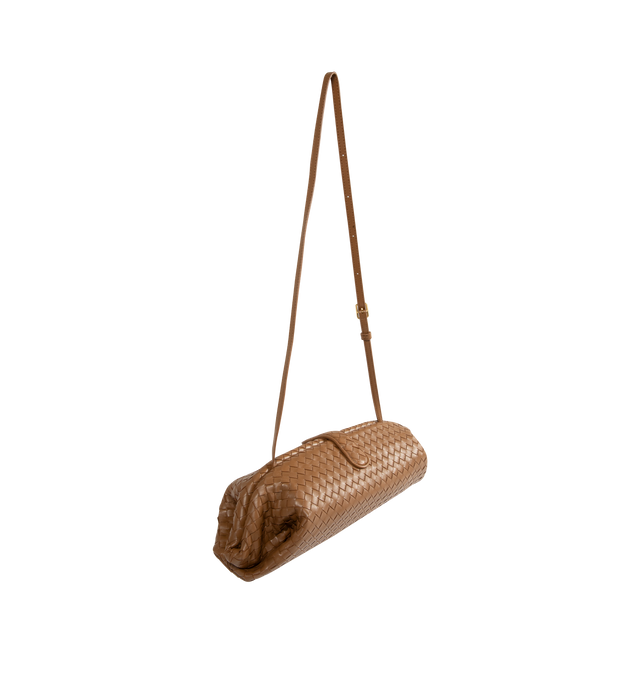 Image 2 of 3 - BROWN - Bottega Veneta Women's Intrecciato Lauren 1979 Elongated Clutch is crafted from Intrecciato leather and features an elongated silhouette, an adjustable shoulder strap, and a magnetic flap closure. Designed with a suede-lined interior, this versatile style includes a single compartment with a zip pocket and an internal hand mirror with a leather cover. Main Material: Leather. Lining: Suede. Hardware: Brass Vibrato Finish. Dimensions: 40 x 18 x 6 cm / 15.7 x 7.1 x 2.4 in. Strap Drop: 50 