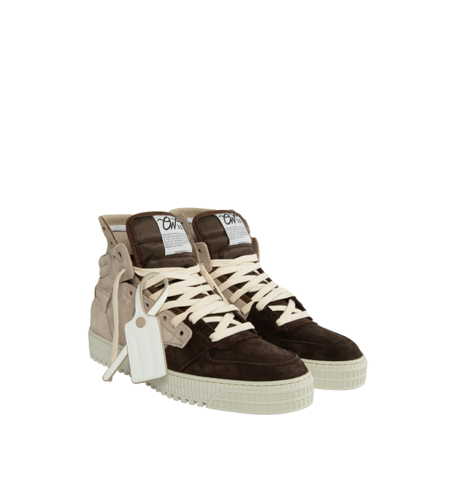 Image 2 of 5 - BROWN - Off-White 3.0 Off Court Sneakers High-Top Sneakers crafted from calf leather featuring a basketball-inspired high-top silhouette, signature Zip Tie tag and Arrows logo print to the side, perforated toebox, round toe, front lace-up fastening and ridged rubber sole. Made in Italy. 100% Rubber sole, 70% Leather, 15% Polyamide, 14% Polyester, 1% Elastane.  