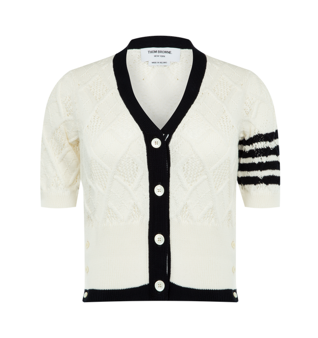 Image 1 of 3 - WHITE - THOM BROWNE Argyle Pointelle 4-Bar Cardigan featuring v-neck, short sleeves, button fastening, signature 4-Bar stripe at the sleeve, RWB stripe tab at the back and ribbed cuffs and hem. 100% cottton.  