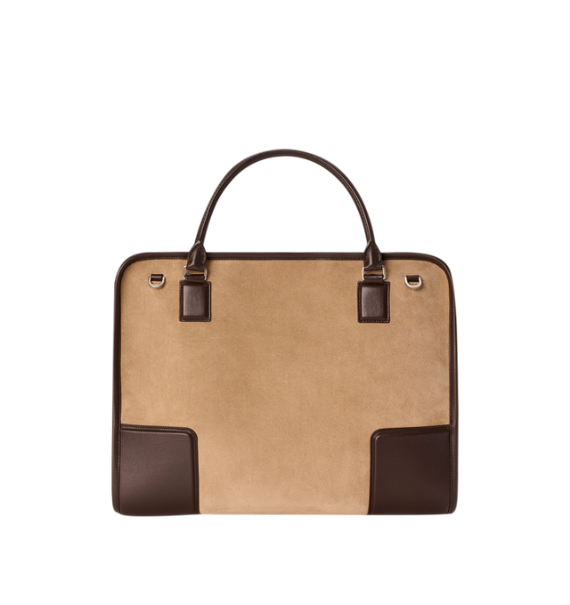 Image 7 of 16 - BROWN - Loewe Mens Amazona 180 XL Bag is crafted from suede with soft calfskin details. Features a relaxed silhouette, single toron top handle, removable shoulder handle, adjustable crossbody strap, zip closure with two leather pullers, two compartments with concealed magnetic closure, interior flat pocket, side D-ring, suede and nappa lambskin lining, palladium-tone hardware, and embossed LOEWE and Double L branding. Dimensions: 40  31  16 cm; Strap Length: 105133 cm; Strap Drop: 4761 cm; H 