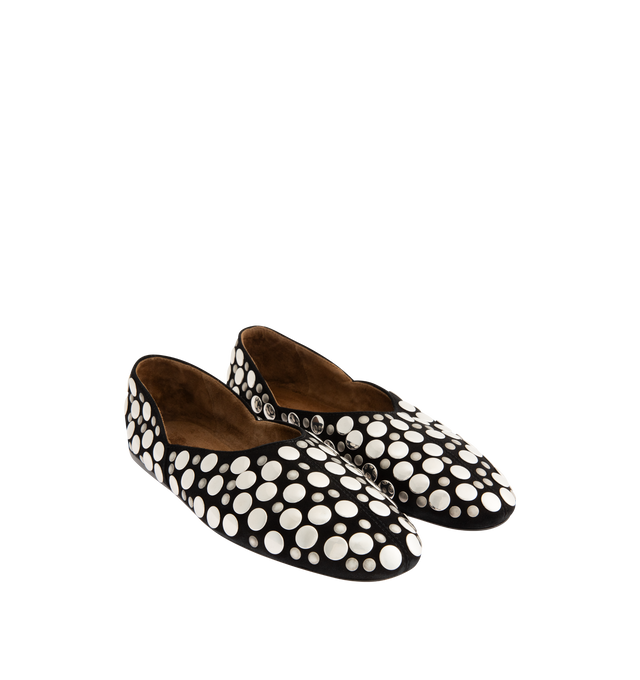 Image 2 of 4 - BLACK - KHAITE Jane Stud Flat featuring a slipper-like flat in velvety suede studded with mirror-polished palladium discs of varying sizes. Crafted in Italy with a padded insole for cloud-like comfort. 100% calf leather. Made in Italy. 