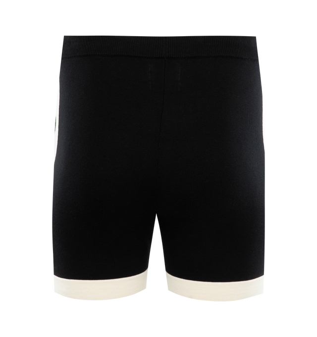 Image 2 of 3 - BLACK - MR. SATURDAY Good Luck Knit Polo Short featuring standard fit, seam pockets, drawstring closure, contrast paneling and graphic on thighs. 93% cotton, 7% cashmere. 