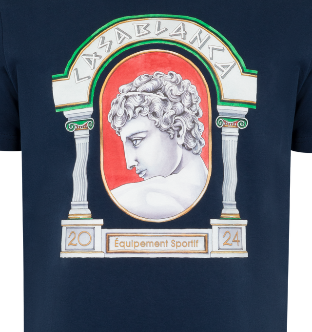 Image 2 of 2 - NAVY - CASABLANCA La Medaille Print T-shirt featuring screen print, crew neck, short sleeves and straight hem. 100% organic cotton. 