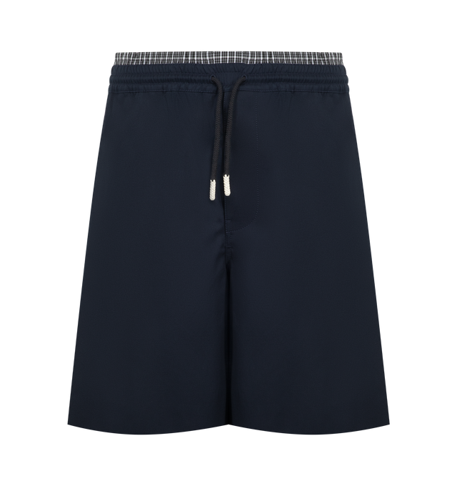 Image 1 of 3 - BLUE - Loewe Mens Brushed Cotton Twill Shorts are crafted from medium-weight brushed cotton twill. Features a relaxed fit, regular length, mid-rise waist, contrasting layered elasticated waistband with leather braided drawstring, concealed button fly, slash pockets, rear patch pocket, and two-tone Anagram embroidery at the front. Main Material: Cotton. Made in Italy. 
