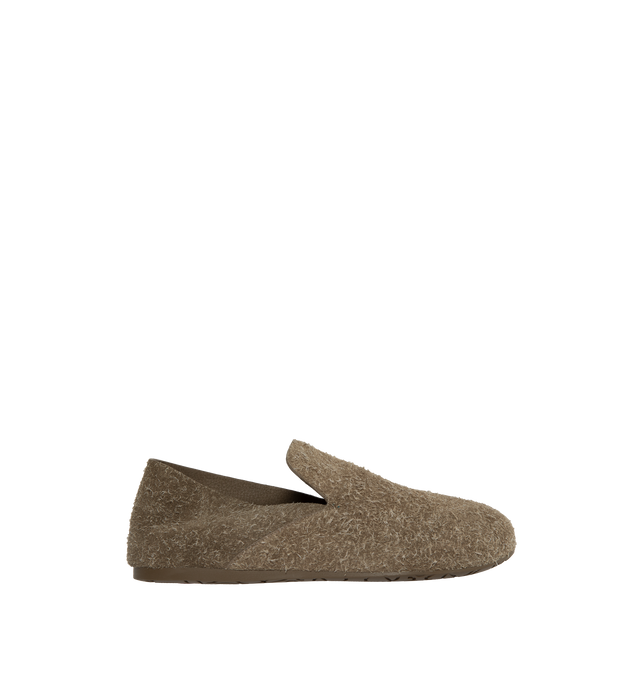 Image 1 of 4 - BROWN - LOEWE Campo Brushed Suede Clogs featuring flat heel, round toe, notched vamp and slip-on style. Brushed calf suede. Made in Italy. 