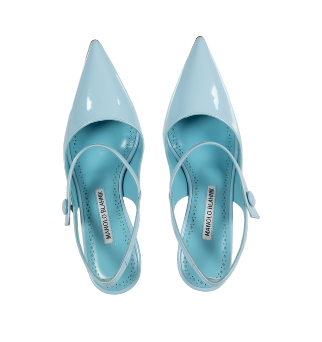 Image 4 of 4 - BLUE - MANOLO BLAHNIK Didion Patent Leather Slingback Pumps featuring pointed toe, slingback, front strap with button closure and stiletto high heel. 90MM. 100% patent calf. Made in Italy. 