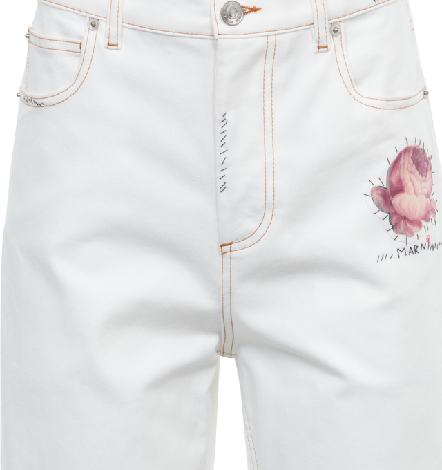 Image 4 of 4 - WHITE - Marni lightweight stretch cotton white denim trousers in a five-pocket style with regular rise and wide leg. Featuring button and fly closure, hand-stitched Marni mending logo and embellished with a cut-out flower patch. 98% Cotton Woven 2% Elastane-Spandex. Made in Italy. 