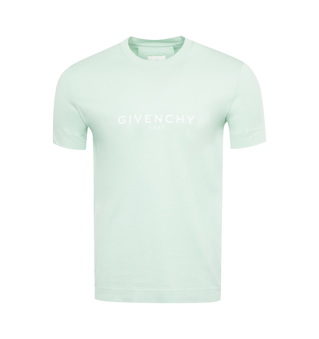 GREEN - GIVENCHY Reverse Slim Fit T-Shirt featuring short sleeves, crew neck, reverse-effect GIVENCHY Paris signature printed on the front and back, small 4G emblem printed on the lower back and slim fit. 100% cotton. Made in Portugal.