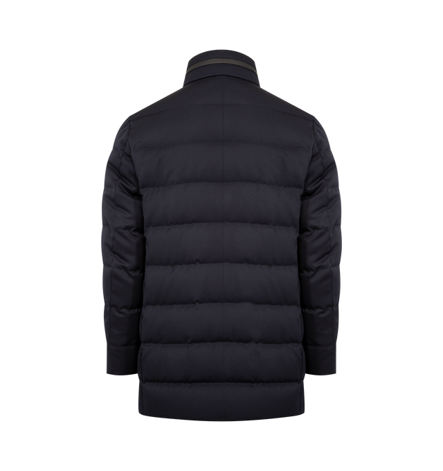Image 2 of 5 - NAVY - MONCLER Vallonpierre Hooded Long Down Jacket featuring Aquaflect, nylon lining, down-filled, detachable and adjustable hood, collar with leather trim, zipper and snap button closure, pockets with zipper and snap button closure, adjustable cuffs, hem with drawstring fastening and leather logo patch. 100% virgin wool. Lining: 100% polyester. Padding: 90% down, 10% feather. Made in Romania. 