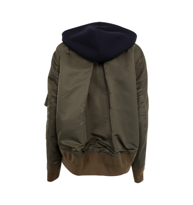 Image 2 of 3 - NAVY - SACAI Sponge x Nylon Twill Hoodie featuring zip front closure, drawstring hood, kangaroo pocket and zip pocket on sleeve and ribbed trims. 100% cotton. 100% polyester. Made in Japan. 