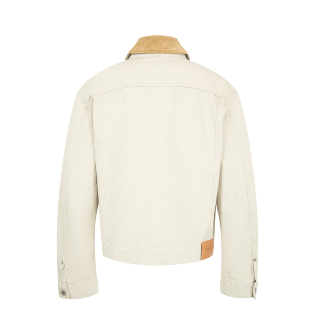 Image 2 of 3 - WHITE - JW Anderson Men's Corduroy Collar Jacket in ecru features a corduroy contrast collar, twisted patch pocket, engraved metal shank buttons, and finished with a leather logo patch. 100% Cotton. Crafted in Japan. 