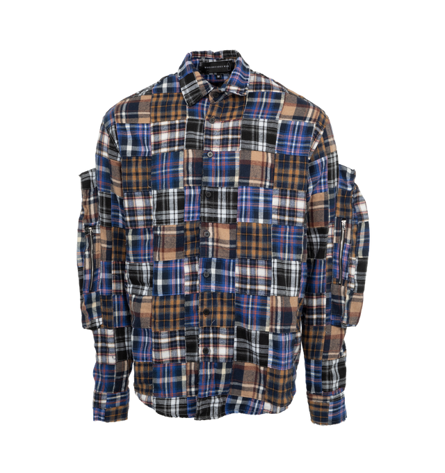 Image 1 of 3 - BLUE - WHO DECIDES WAR Multi-Plaid Pocket Flannel featuring stained glass cargo pockets, fits slightly oversized, button front closure and classic collar. 100% cotton. 