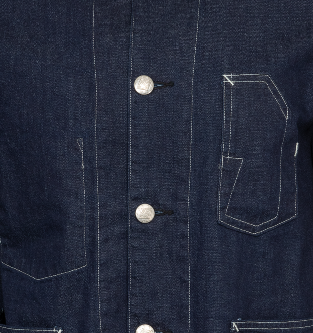 Image 3 of 3 - BLUE - POST O'ALLS No.1 Jacket with a simple, yet refined 1910-20s style 3-pocket design. Crafted from Indigo blue 100% cotton, unlined with contrast stitching. Made in Japan.  