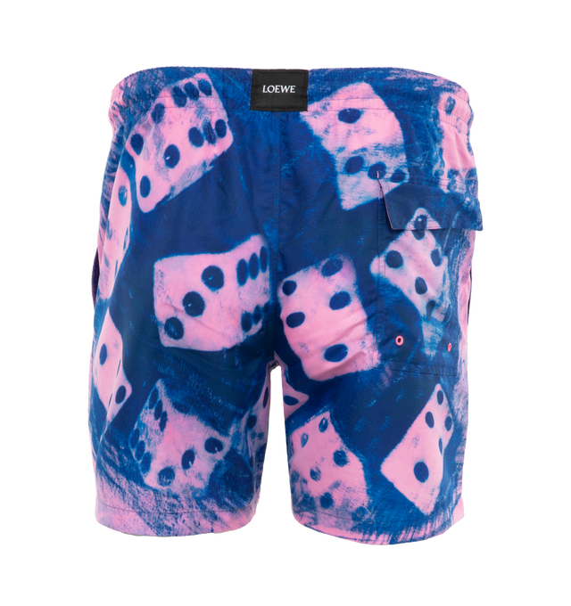 Image 2 of 4 - PINK - Loewe Paula's Ibiza Swim Shorts crafted in lightweight technical shell in a regular fit, short length featuring placed dice print, elasticated waist with drawstring, seam pockets, rear flap pocket with eyelets, mesh lining and LOEWE patch placed at the back. Main material: Polyester. Made in: Italy.Loewe Paula's Ibiza 2024 collection is inspired by the iconic Paula's boutique, synonymous with the counter cultural movement of 1970s Ibiza, captures the liberated vibe of summer with high  