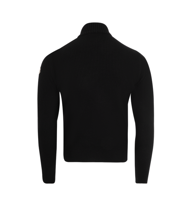 Image 2 of 3 - BLACK - MONCLER Padded Wool & Cashmere Zip-Up Cardigan featuring a wool and cashmere blend, micro chic nylon lining, down-filled front, interlock knit, gauge 12, zipper closure, zipped pockets with an embossed leather trim and leather logo patch. 100% polyester. 90% virgin wool, 10% cashmere. Padding: 90% down, 10% feather. Made in Moldova. 