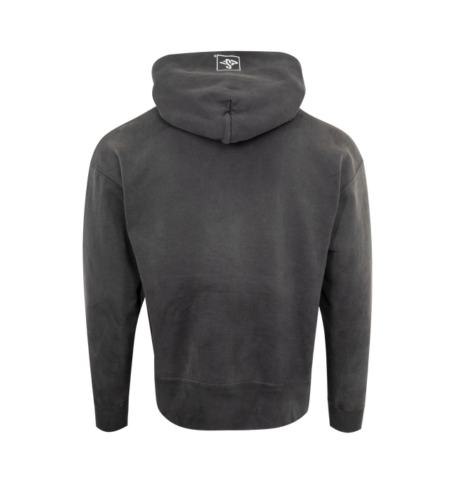 Image 2 of 2 - BLACK - SAINT MICHAEL SMX Hoodie featuring fixed hood, logo on front, distressing throughout, kangaroo pocket and ribbed cuffs and trim. 100% cotton. 