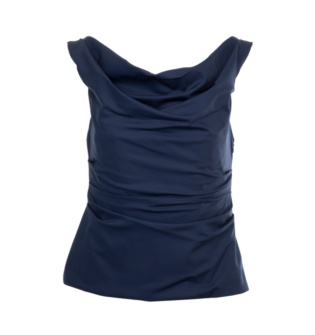 BLUE - ARMARIUM Dora Draped Off-Shoulder Wool Top featuring draped detail, off-the-shoulder neckline, sleeveless, fitted and side zip. 100% wool. Made in Italy.