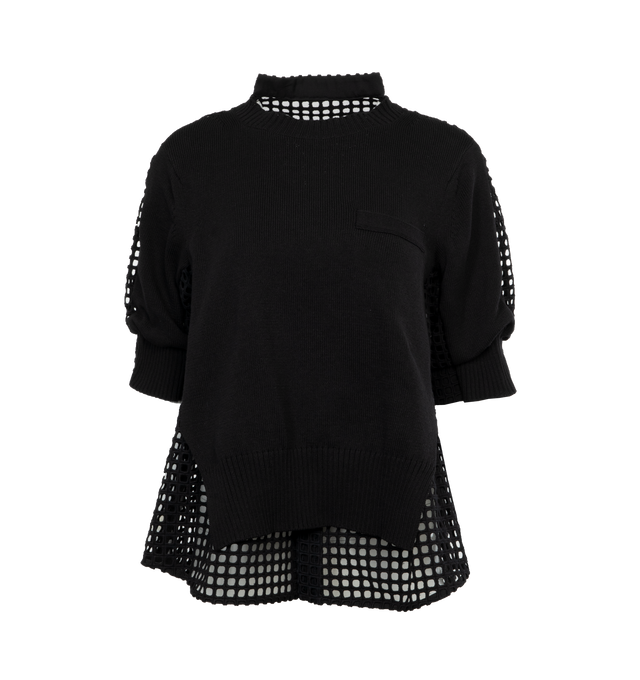 BLACK - SACAI Embroidery Lace x Knit Pullover featuring laser-cut embroidered back, crew neckline, short sleeves and relaxed fit. Cotton/polyester/wool.