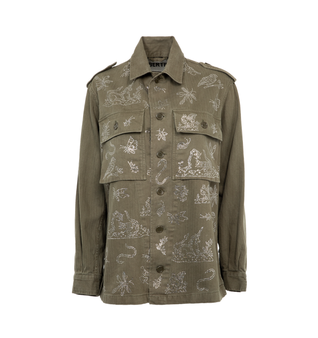 GREEN - LIBERTINE ELIZABETHAN STUMP WORK VINTAGE FRENCH MILITARY JACKET featuring relaxed fit, shoulder epaulets, front button closure and chest pockets. 100% cotton. 